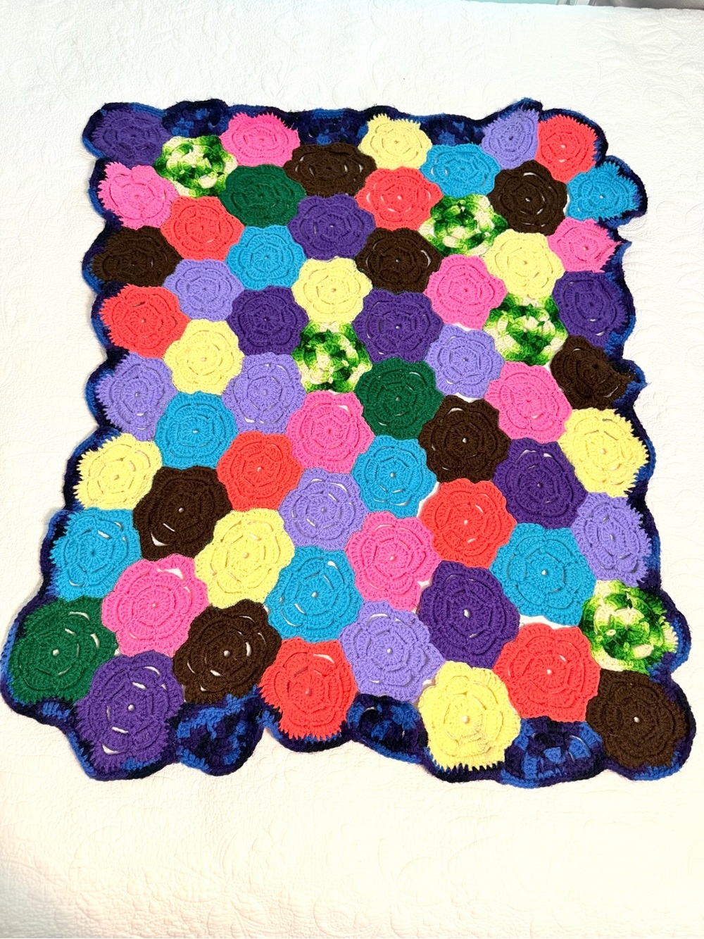 Vintage Granny Square Flower Afghan Black Crocheted Multicolor Throw Blanket